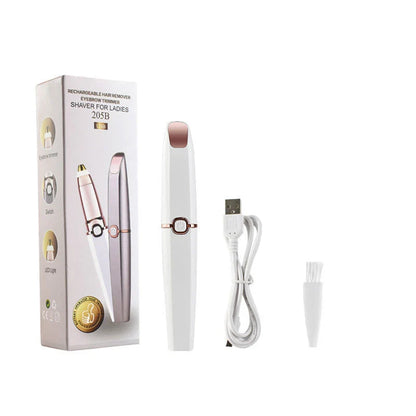 2-in-1 cordless lipstick-style eyebrow trimmer and face shaver in white color, with charging cable and cleaning brush