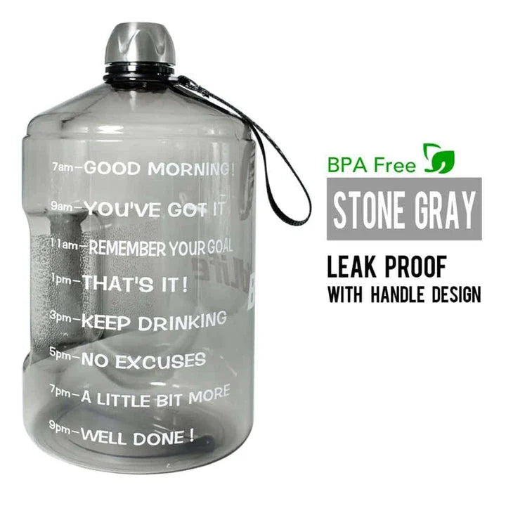 Durable gallon-sized water bottle with clear time markings for easy hydration tracking