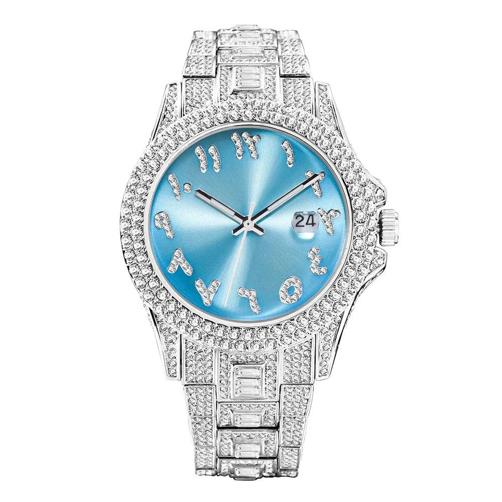 American-designed diamond-encrusted waterproof quartz watch with gold-plated stainless steel construction