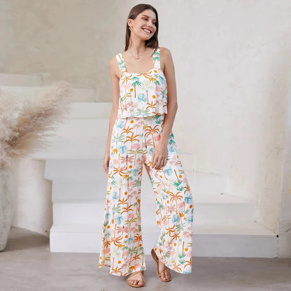 A stylish wide-leg jumpsuit with a paisley print design and a suspender top, perfect for women's casual and streetwear fashion.