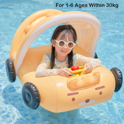 Inflatable car-themed swimming seat ring for kids with detachable sunshade and vibrant yellow color