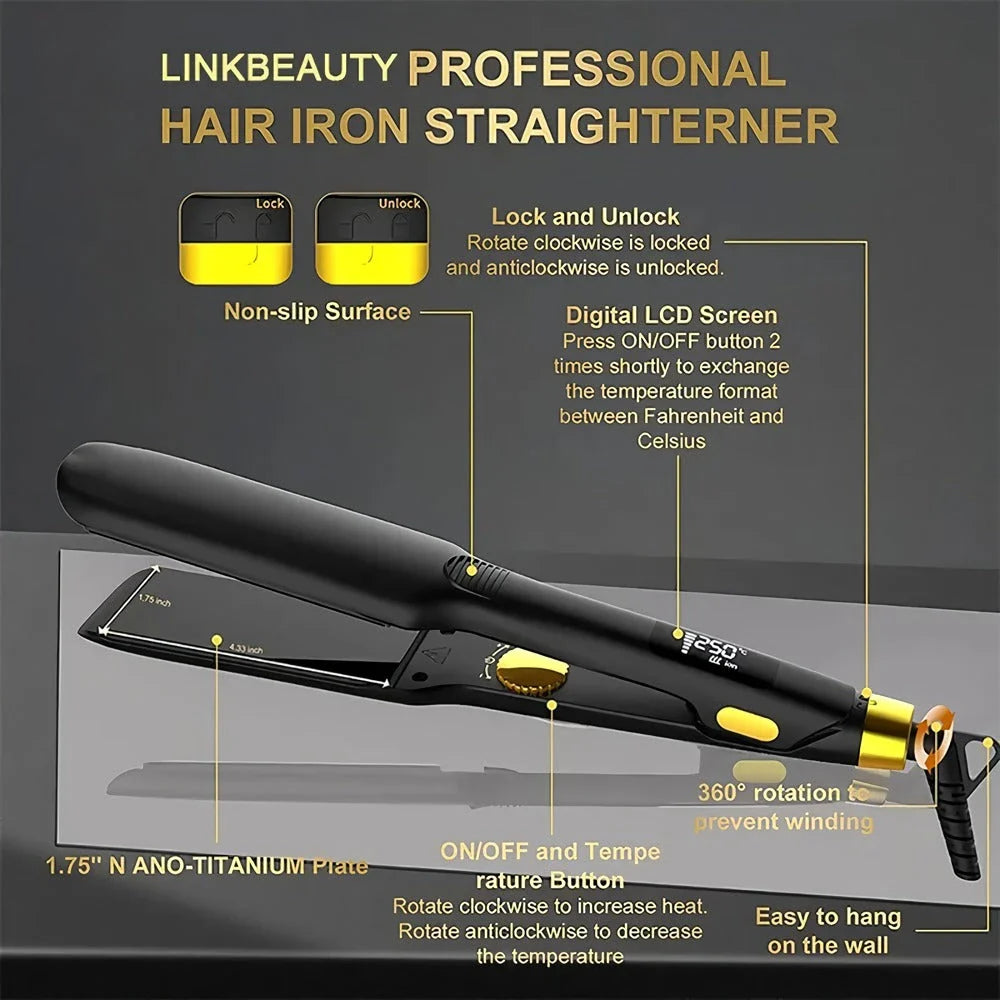 High-performance ceramic and titanium hair straightener with adjustable temperature settings and negative ion technology for smooth, sleek hairstyles