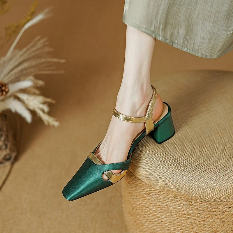 Elegant square heel sandals with ankle strap in green color, perfect for summer occasions