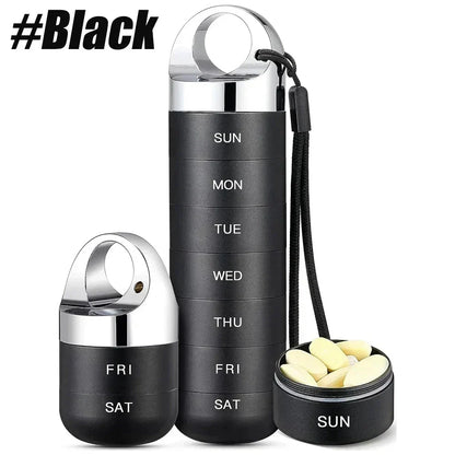 A high-quality, waterproof metal weekly pill box organizer with spacious compartments for managing medications on the go