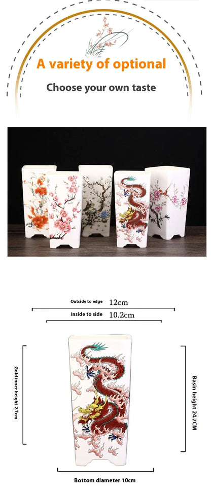 Elegant square ceramic planter in white with a Chinese-inspired design, suitable for indoor plants like asparagus fern and orchid.