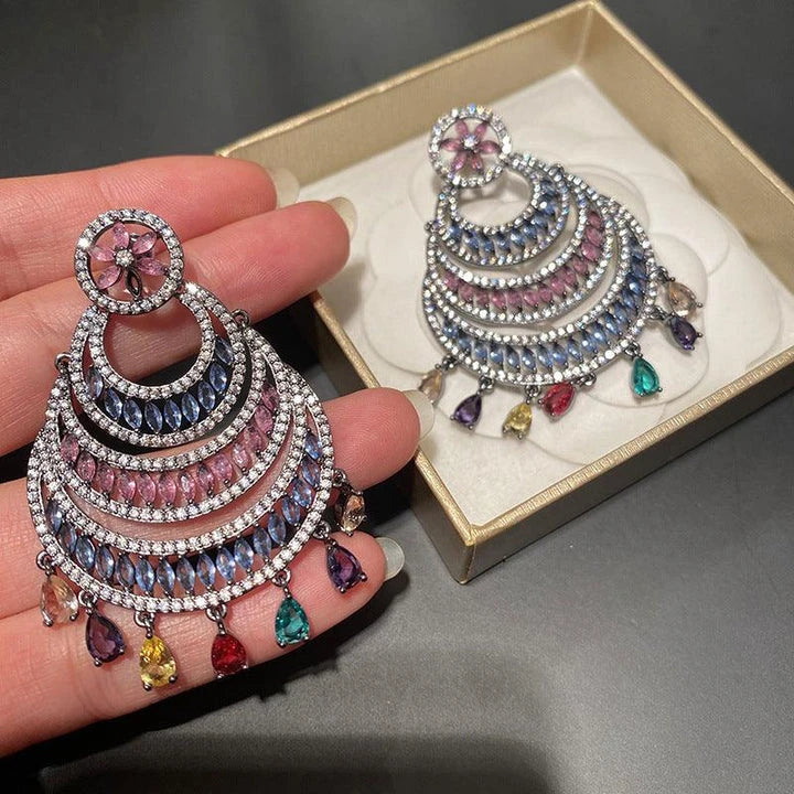Elegant crescent-shaped water drop tassel earrings with vibrant artificial gems and semi-precious stones