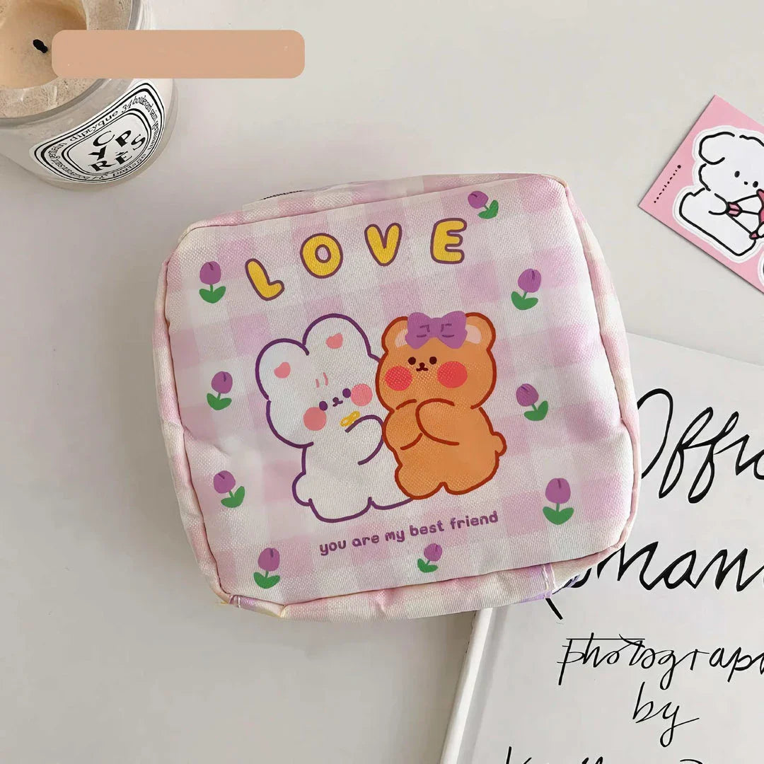 Adorable cartoon nylon cosmetic bag with secure zipper closure and compact, box-shaped design