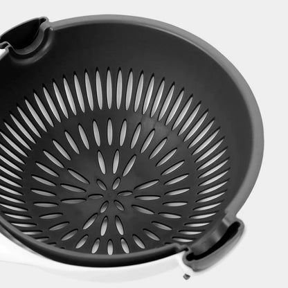 Multifunctional 2-in-1 Vegetable Slicer and Fruit Strainer with slicing disc, grater, and spiralizing accessories