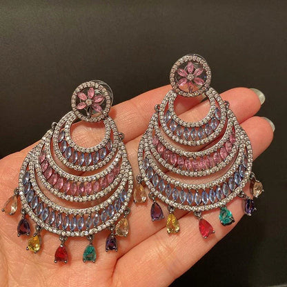 Elegant crescent-shaped water drop tassel earrings with vibrant artificial gems and semi-precious stones