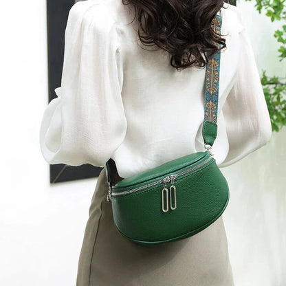 Chic genuine leather shoulder and crossbody bag for women in green color with a sleek, minimalist design