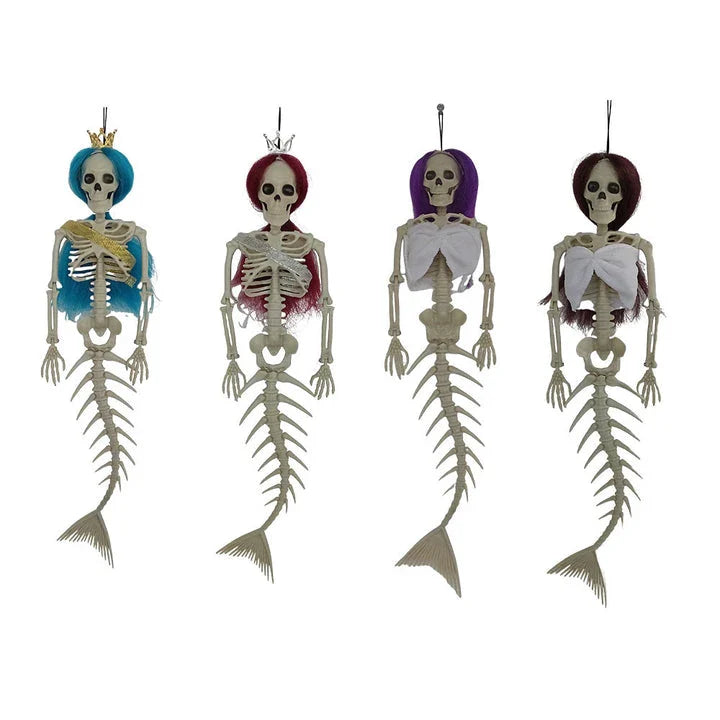 Mermaid bone pendant in various colors, including brown, dark purple, burgundy, and lake blue, hanging outdoors for Halloween decoration