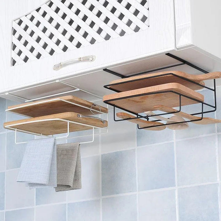 A modern 3-tier kitchen storage rack made of wood and metal, providing organized storage for kitchen essentials.