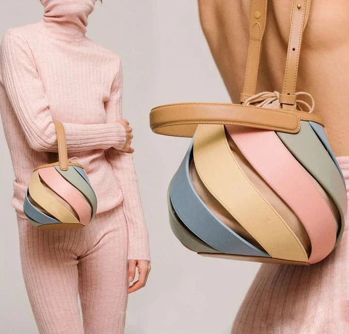 Colorful striped PU leather bucket handbag with adjustable strap and roomy interior