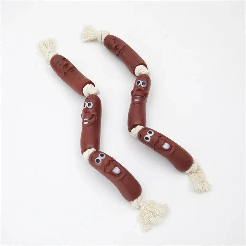 Durable cotton rope and vinyl sausage chew toy for dogs, designed to provide long-lasting entertainment and promote dental health.