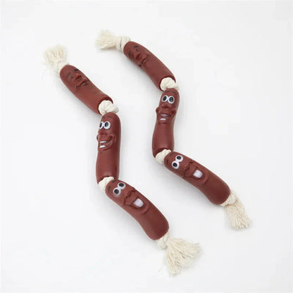 Durable cotton rope and vinyl sausage chew toy for dogs, designed to provide long-lasting entertainment and promote dental health.