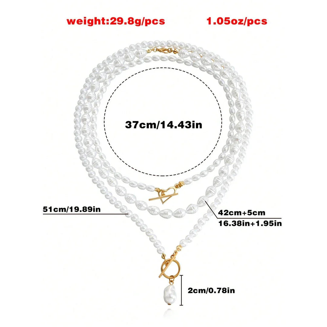 Elegant imitation pearl heart pendant necklace with lustrous bead chain and secure OT buckle closure