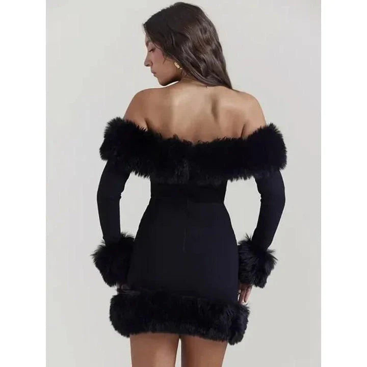 Elegant off-shoulder bodycon mini dress with fur trim for stylish autumn and winter occasions