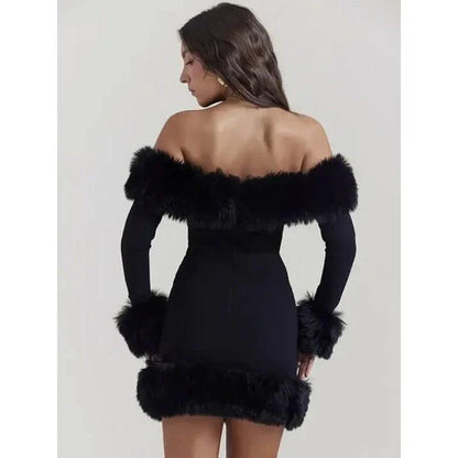 Elegant off-shoulder bodycon mini dress with fur trim for stylish autumn and winter occasions