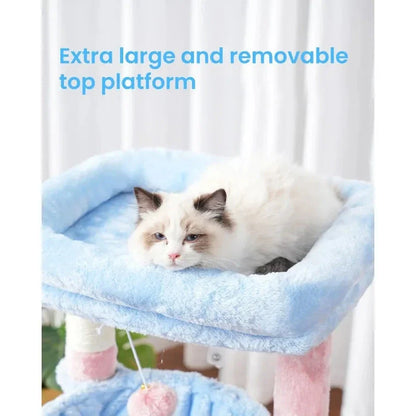 A multi-level cat tree tower with padded beds, hammocks, and sisal-wrapped scratching posts for indoor cats to play, rest, and scratch