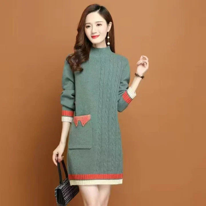 A mid-length knit dress with a cozy half-turtleneck, made of soft polyester fabric for all-day comfort and style.