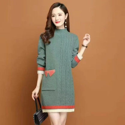 A mid-length knit dress with a cozy half-turtleneck, made of soft polyester fabric for all-day comfort and style.