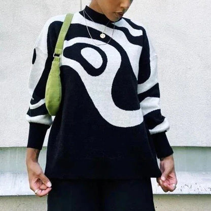 A woman wearing a stylish, striped turtleneck oversized sweater in a relaxed, comfortable fit.