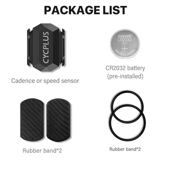 Dual-mode cadence and speed sensor for cycling, featuring Bluetooth and ANT+ connectivity, waterproof design, and extended battery life.