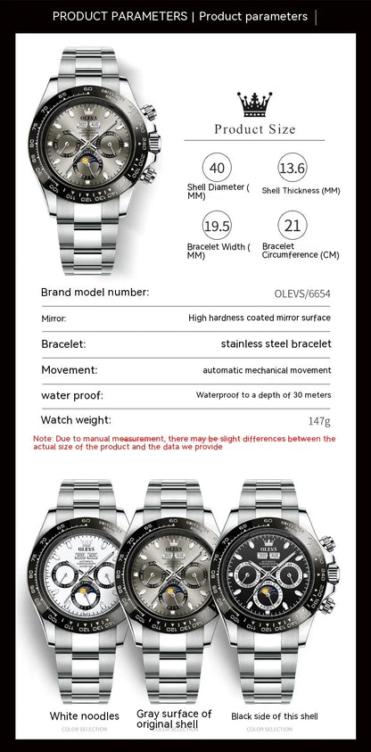 Elegant automatic men's watch with stainless steel case and adjustable bracelet, showcasing precise timekeeping and versatile design.