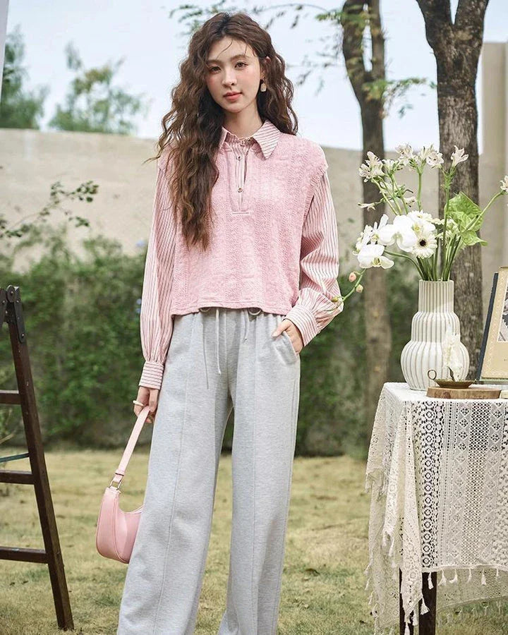 High-Waisted Wide Leg Casual Pants with Lace-Up Waist in Gray Color