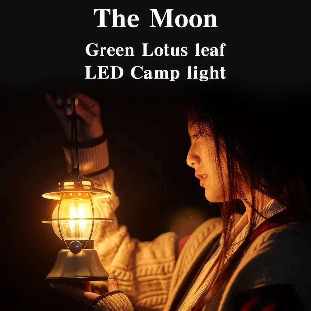 Rechargeable LED Retro Camping Lantern with adjustable light modes, 200-hour runtime, and built-in power bank for outdoor adventures