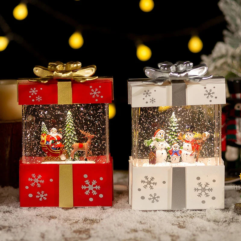 A festive red gift box with a crystal ball night lamp that emits warm, soothing lighting and plays classic Christmas songs.