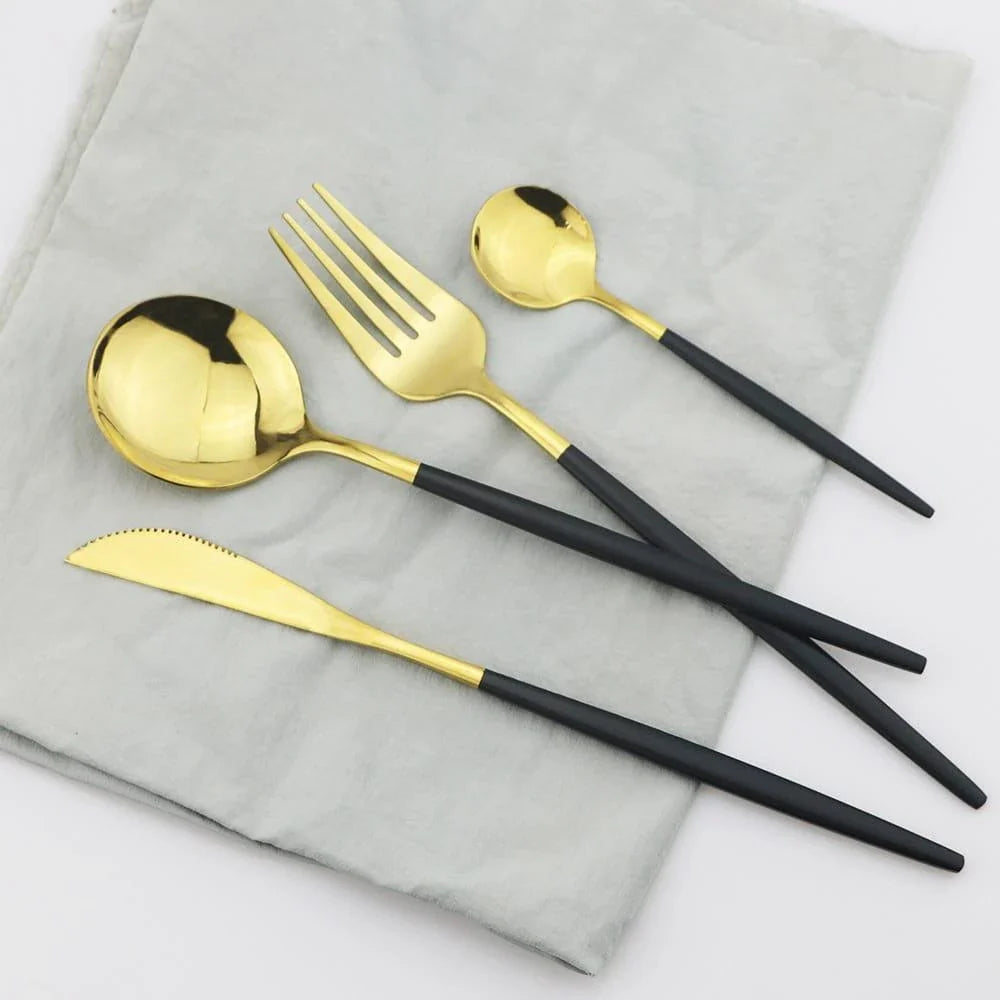 Premium 24-Piece Stainless Steel Tableware Set in Black - Durable, Elegant Dining Utensils with Sleek Design