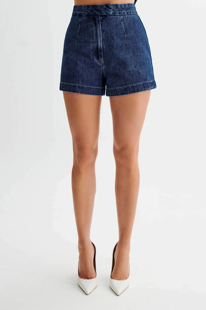 Sleeveless denim button-up top and high-waisted shorts set for women's summer fashion