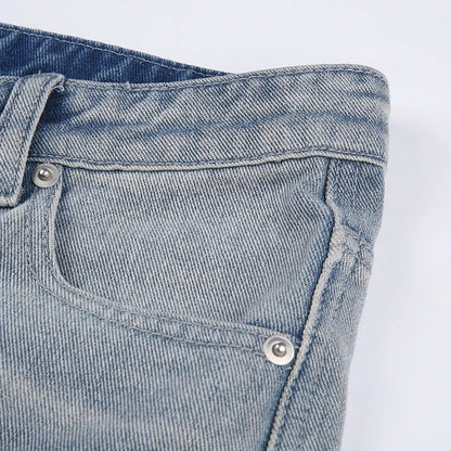 Premium embroidered high-rise straight leg denim jeans in a classic blue color