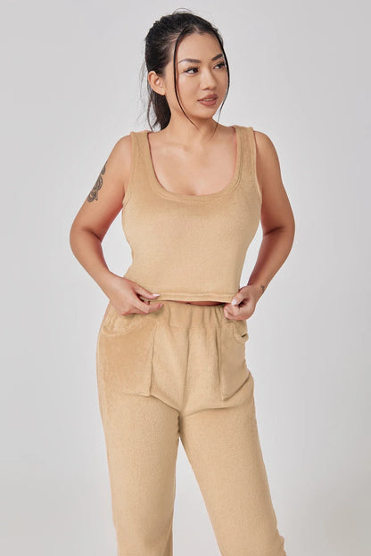 Cozy 3-piece loungewear set in pastel colors including crop top, wide-leg pants, and matching cardigan