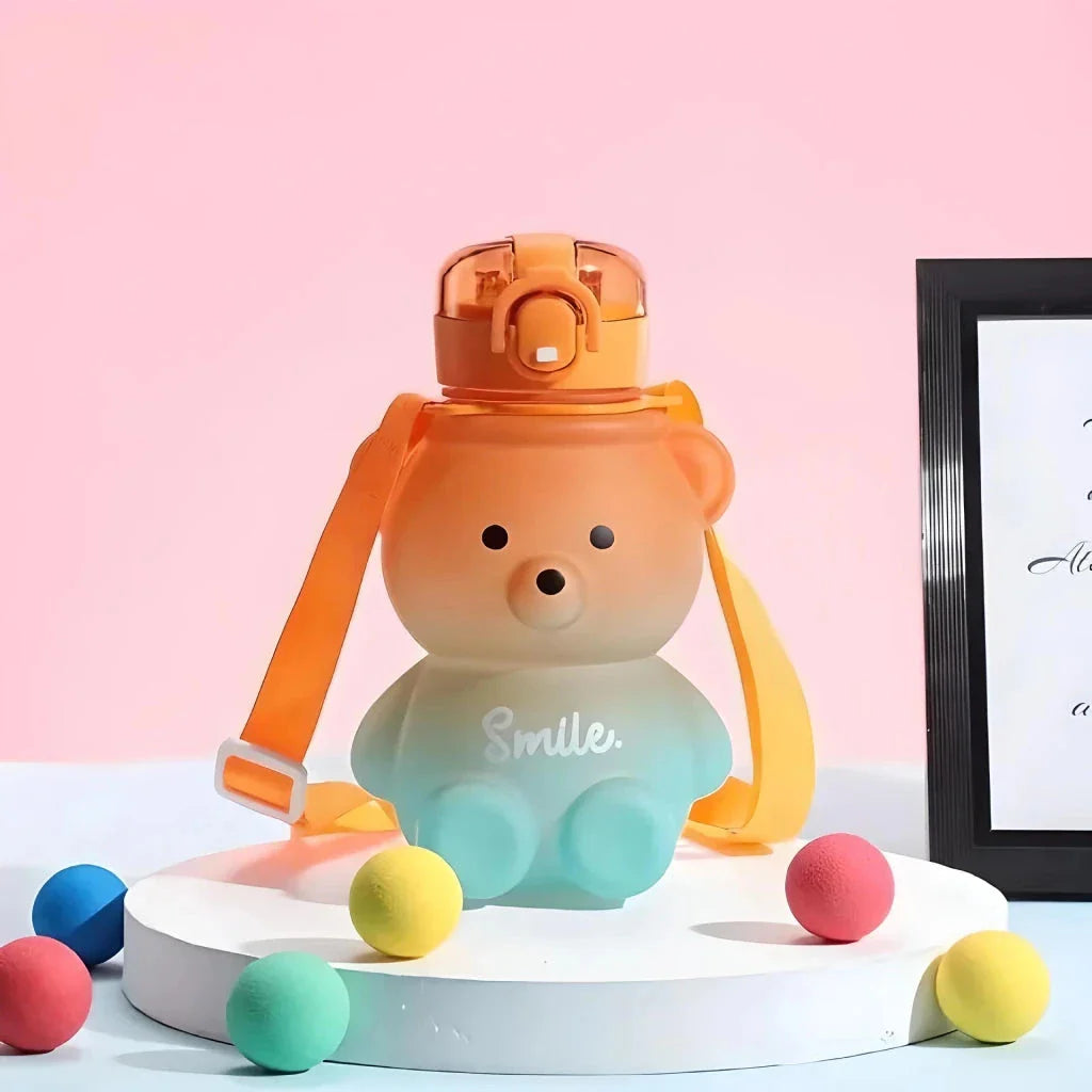 Gradient bear-themed water bottle with straw for refreshing and stylish hydration on the go