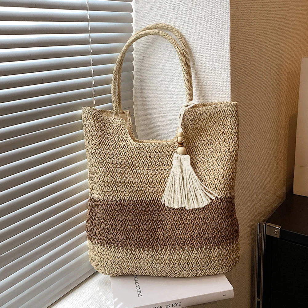 Boho Chic Summer Woven Tote Bag with Tassels - Eco-friendly and Spacious Design for Stylish Summer Adventures