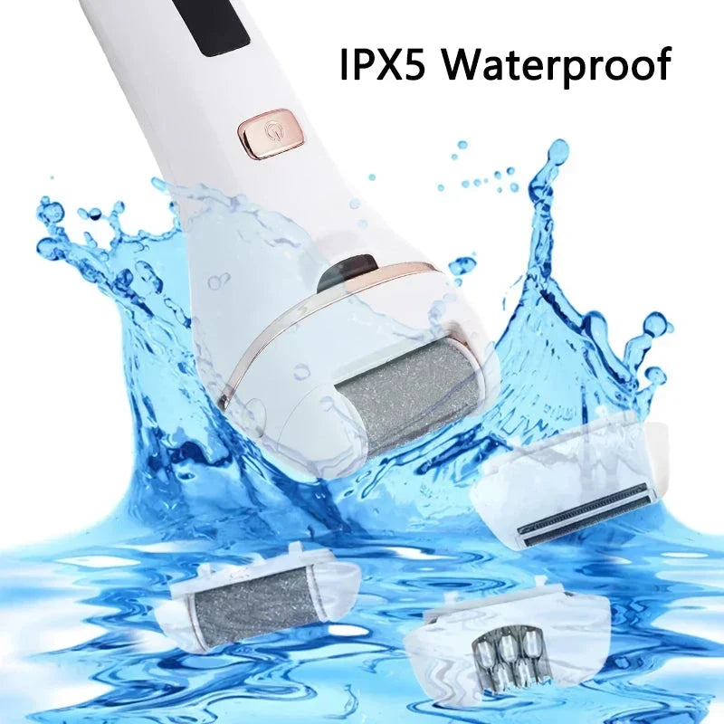 4-in-1 Electric Lady Shaver and Foot Callus Remover with stainless steel blades, adjustable speeds, and waterproof design for smooth, beautiful skin