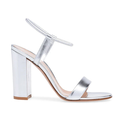 Elegant high heel banquet sandals with thick platform sole, round toe, and gold or silver finish