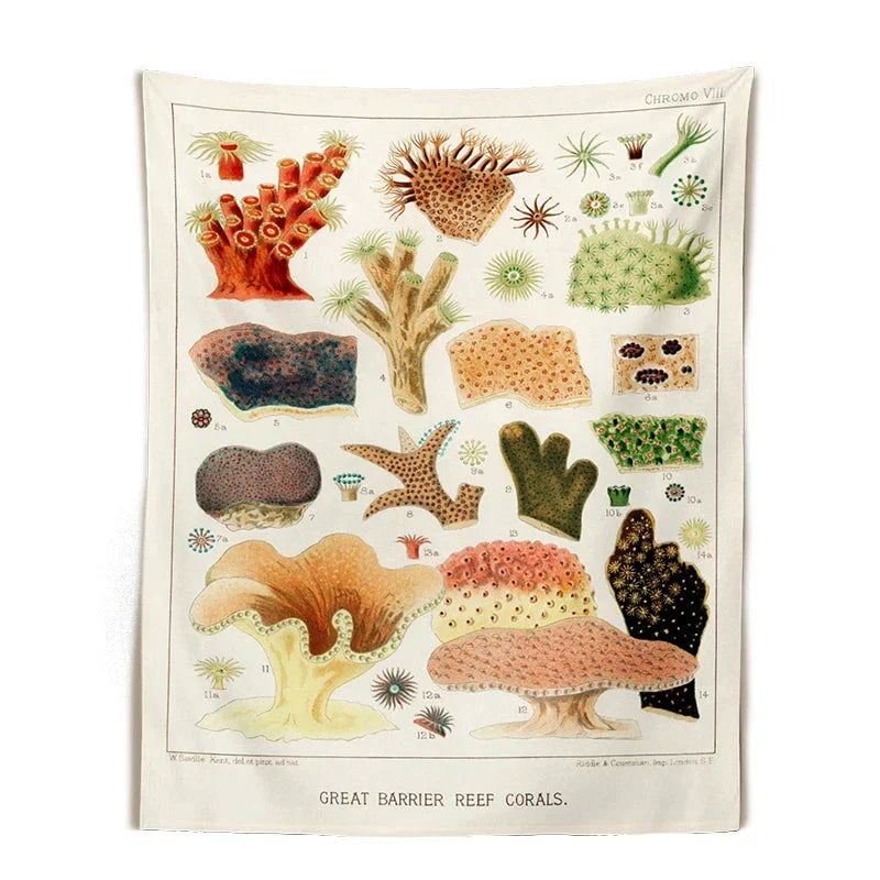 Botanical mushroom tapestry wall hanging with vibrant floral prints and educational mushroom illustrations
