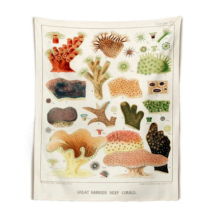 Botanical mushroom tapestry wall hanging with vibrant floral prints and educational mushroom illustrations