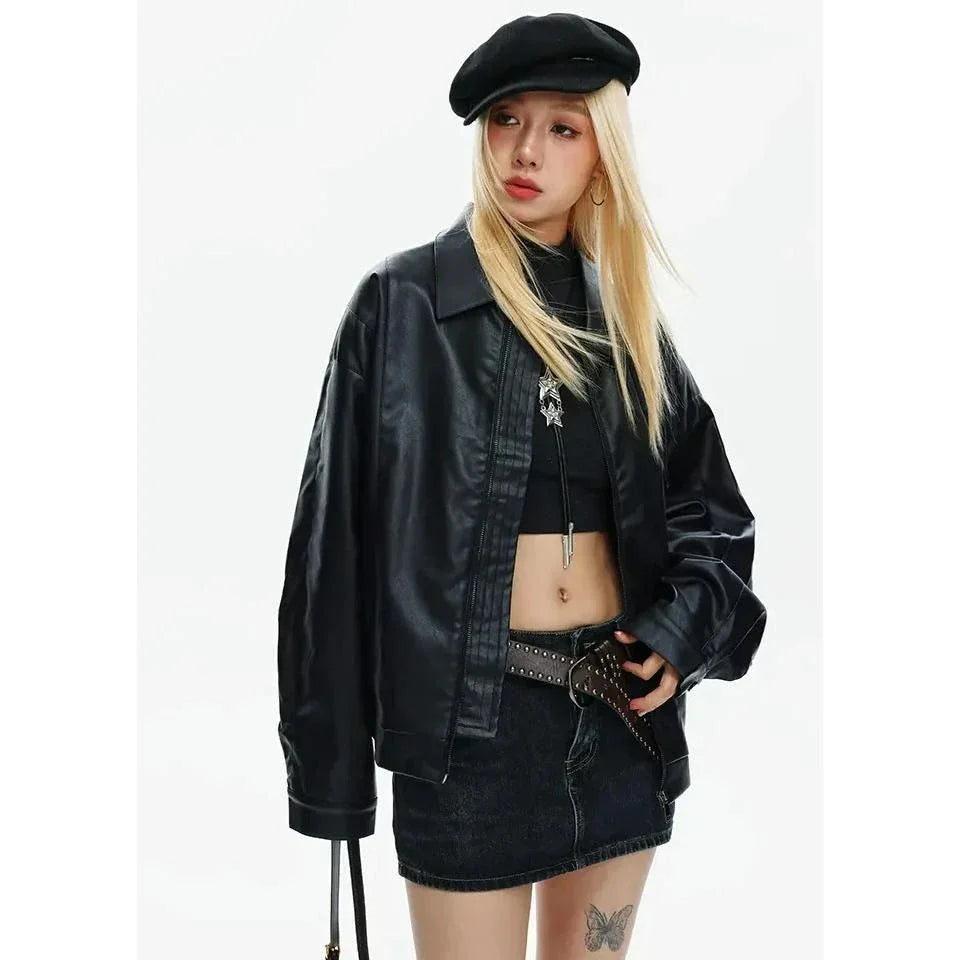 Edgy women's bomber jacket with zippered closure and turn-down collar, perfect for autumn and winter streetwear style