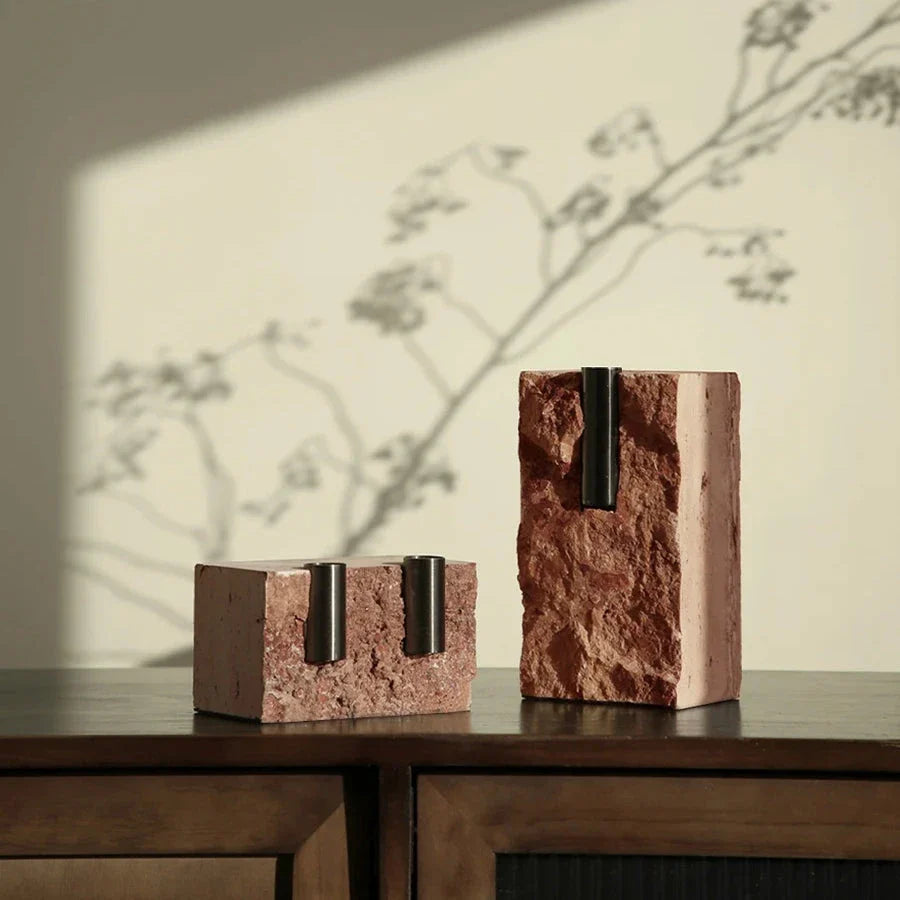 Elegant minimalist red travertine vase with natural stone texture and European-inspired design, perfect for rustic home decor