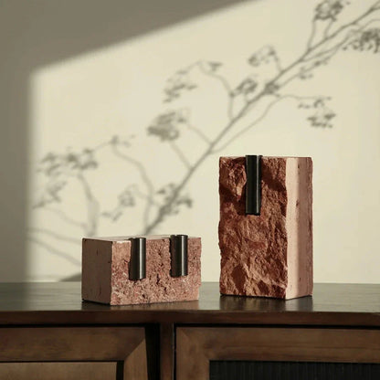 Elegant minimalist red travertine vase with natural stone texture and European-inspired design, perfect for rustic home decor