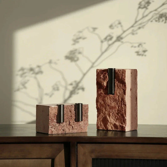 Elegant minimalist red travertine vase with natural stone texture and European-inspired design, perfect for rustic home decor