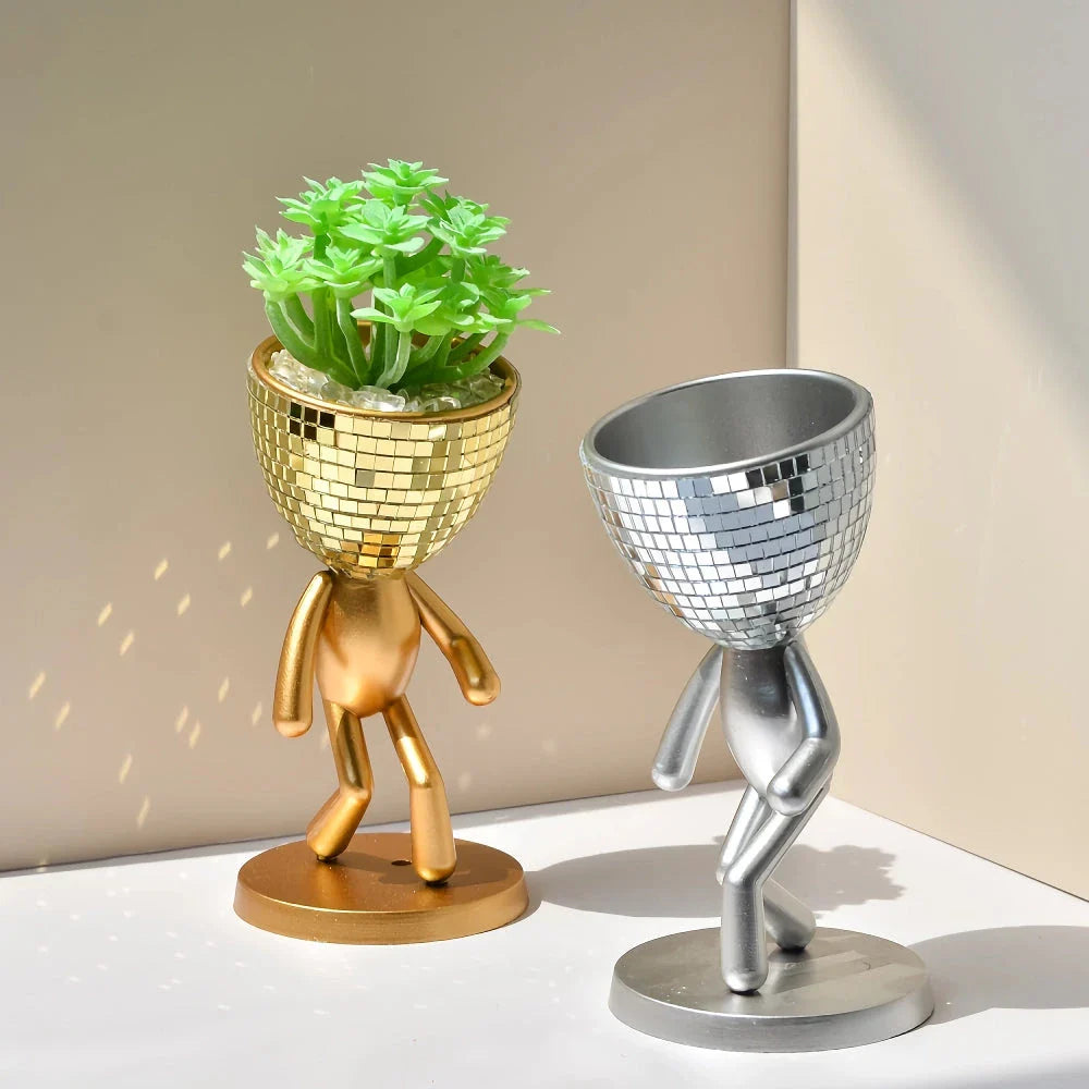 Elegant mirror disco walking man planter pot with sparkling mirror tiles and a unique walking man design