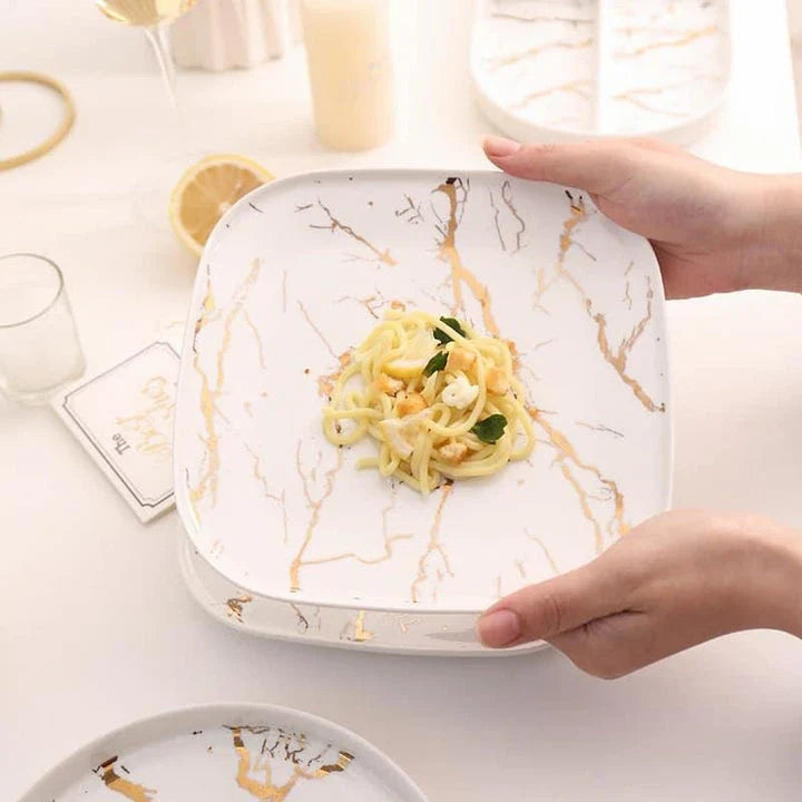 Elegant white marble-inspired ceramic plate with a sophisticated and timeless design