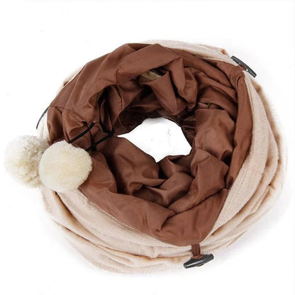 Cozy Hideaway Foldable Long Tunnel with Ball Toy for Playful Cats in Brown Color
