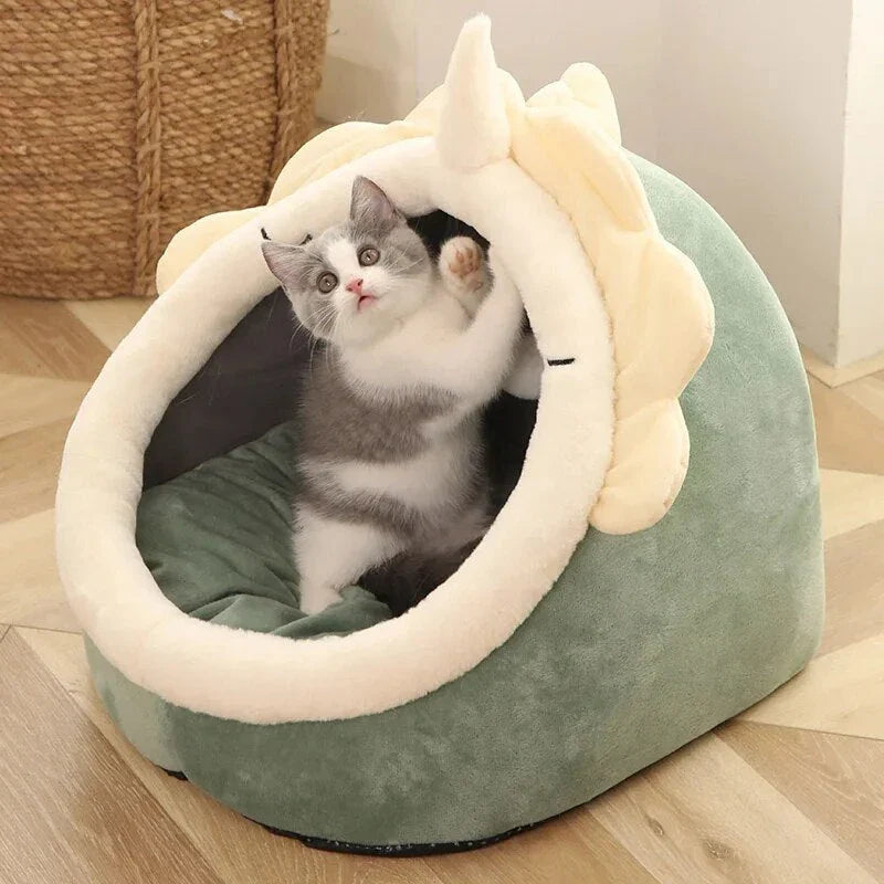 Cozy cat bed with plush cushion in various colors, providing a warm and comfortable winter retreat for cats and small dogs.
