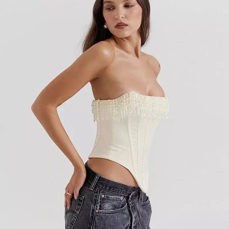 Chic strapless corset top with beaded tassels in white color, perfect for beach parties and special events